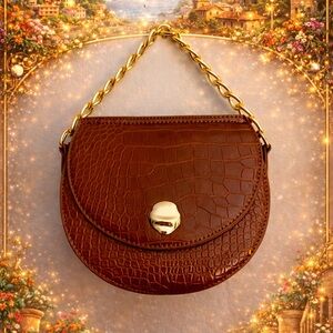 Brown Croc-Embossed Chain Strap Bag with Gold Accents
